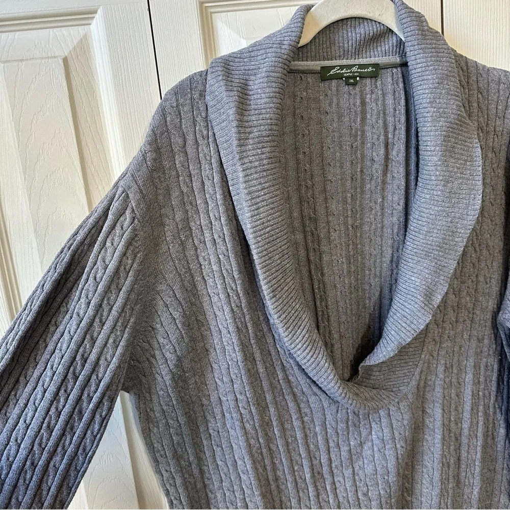 Eddie Bauer Women’s Size 2XL Cable Knit Shawl V Neck Pullover Sweater Grey